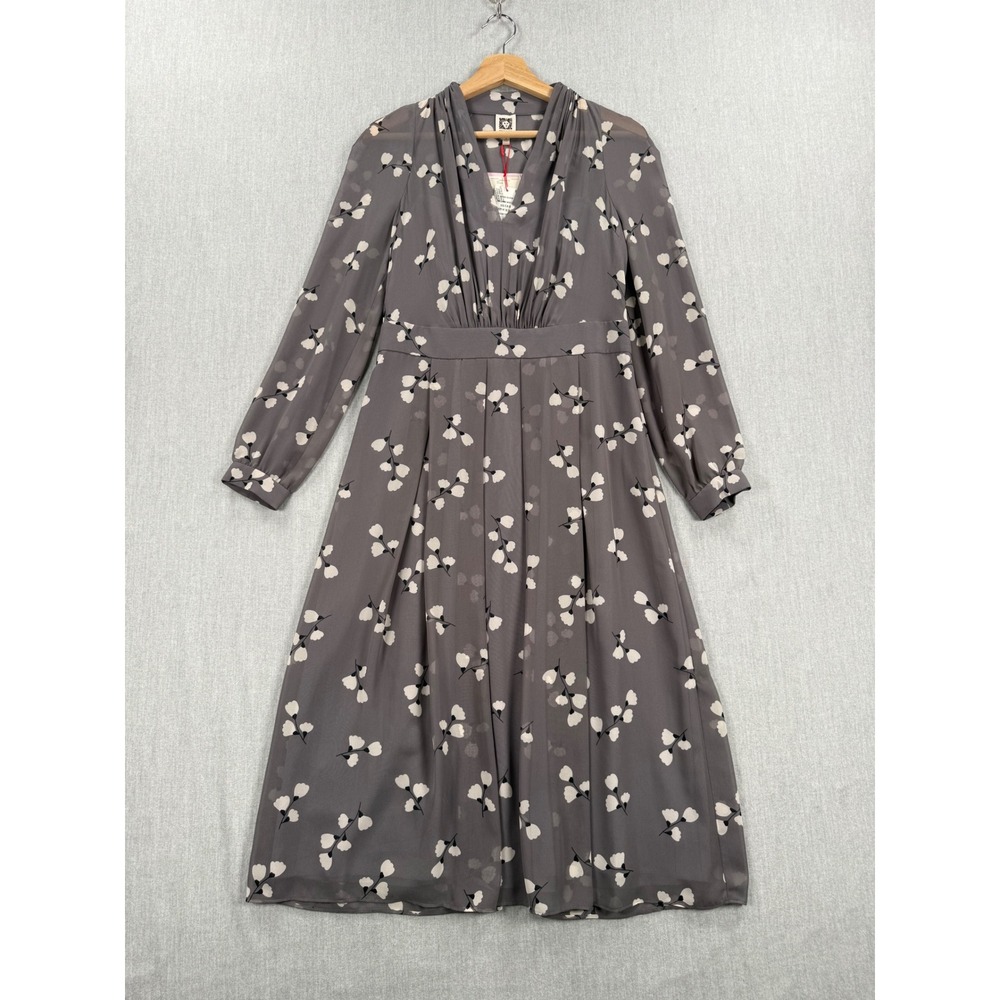 Anne Klein Women Zinc Grey Floral Chiffon V-Neck Midi Dress Size 6 NWT 10735176